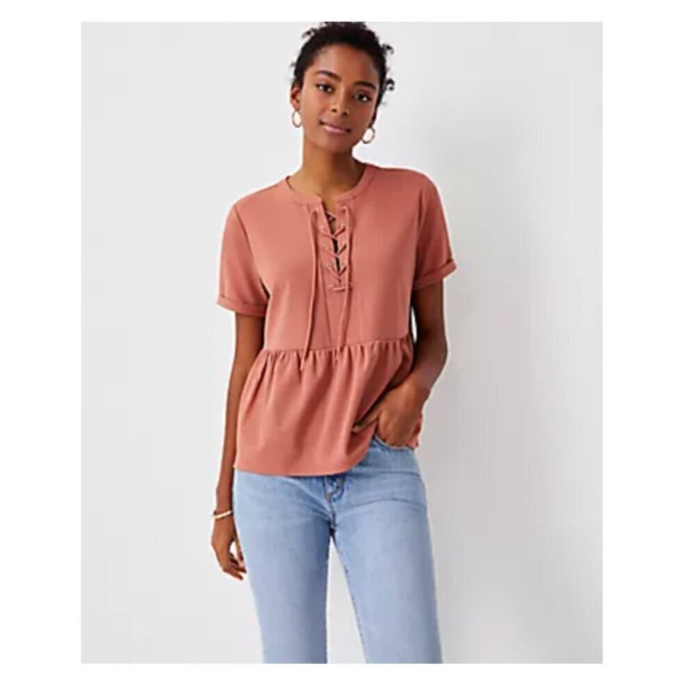 🔆 Ann Taylor Lace Up Peplum Top In Romantic Rouge